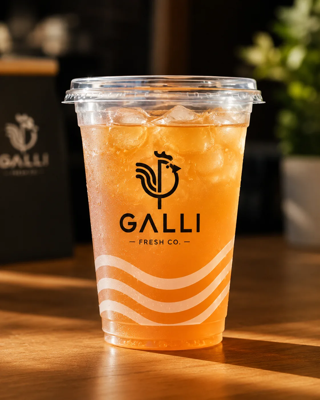 Galli Fresh Co. iced juice cup with the wave pattern, in the sun