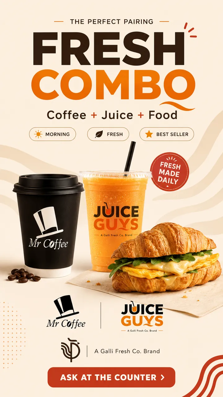 Fresh Combo story — Mr Coffee cup, Juice Guys juice and a croissant sandwich