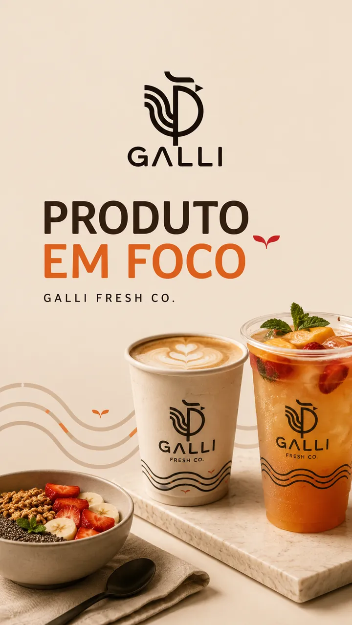Produto em foco story — Galli latte, fruit juice and a fruit bowl