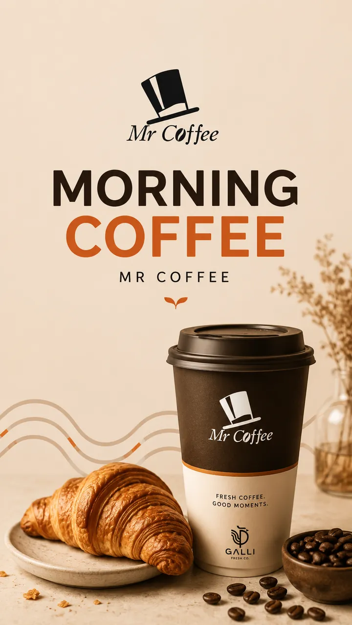 Morning coffee story — Mr Coffee cup with a croissant
